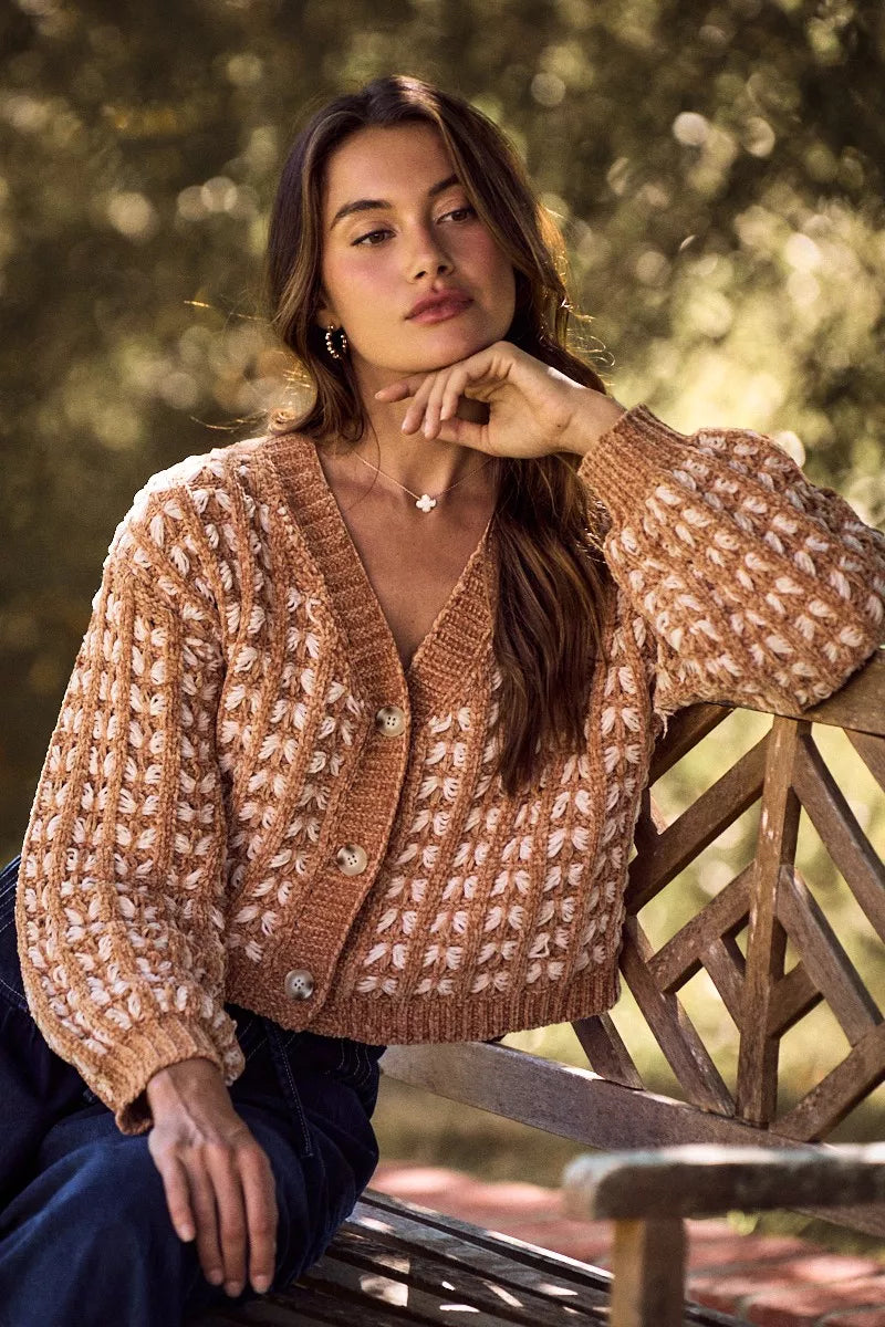 SO ME Soft Chenille Yarn Textur Button Sweater Cardigan