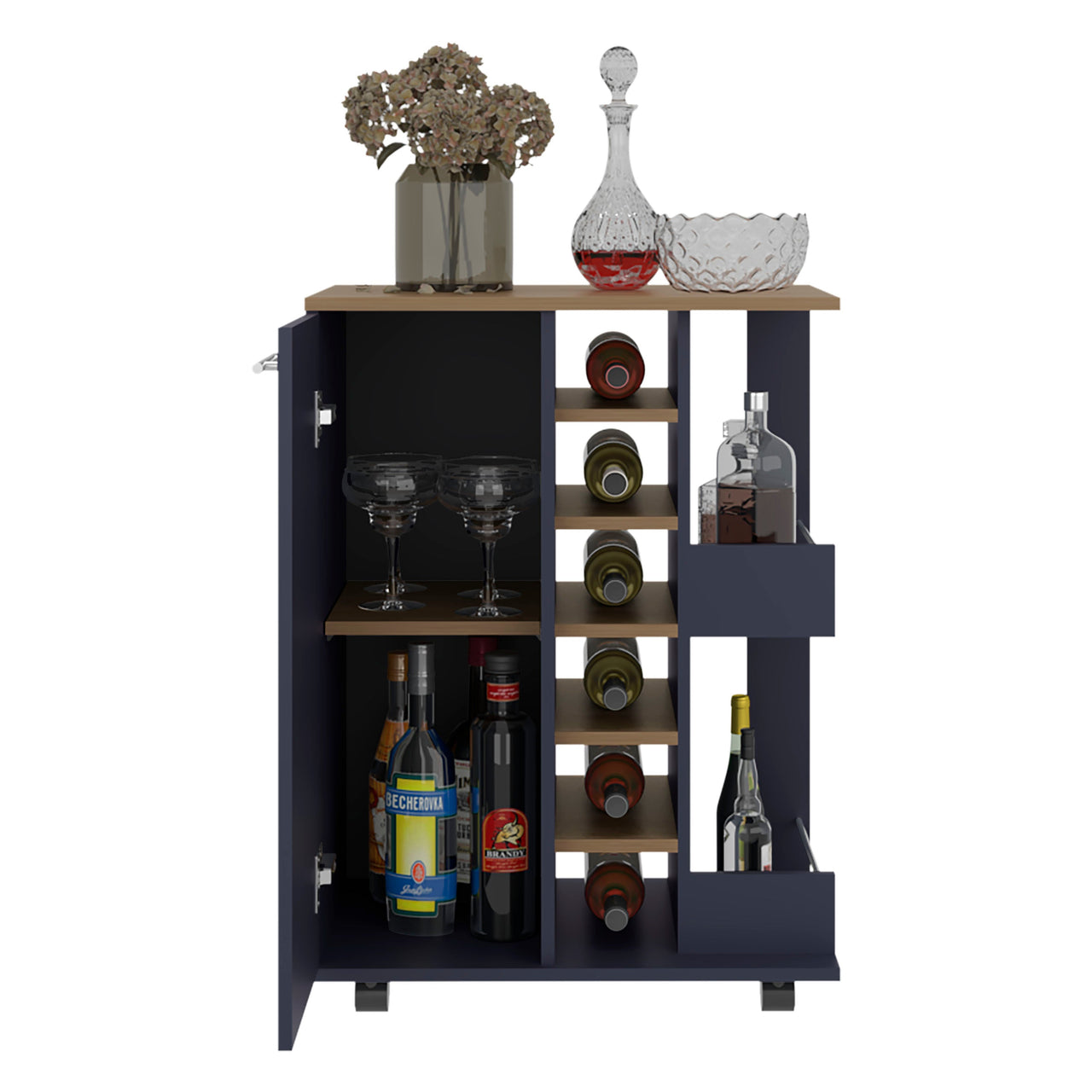Carefree bar cabinet, bottle racks, double side shelves, modern design in Kronos Ash and Kronos Blue.