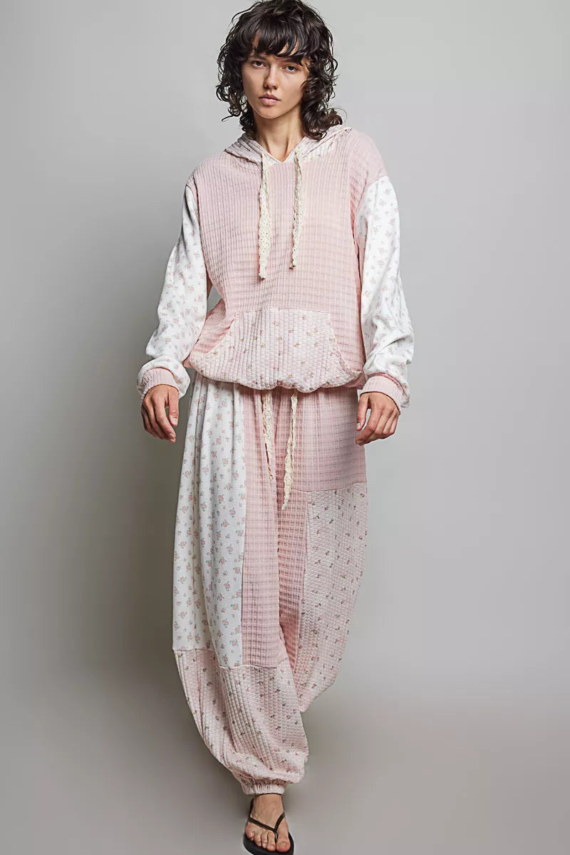 POL Mixed Knit Contrast Print Sleeve Hoodie with Kangaroo Pocket
