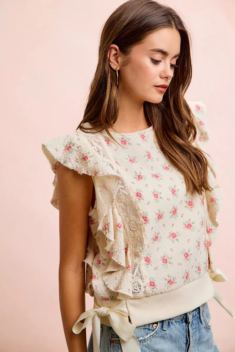 BiBi Flower Printed Ruffle Sleeve Trim Detail Top