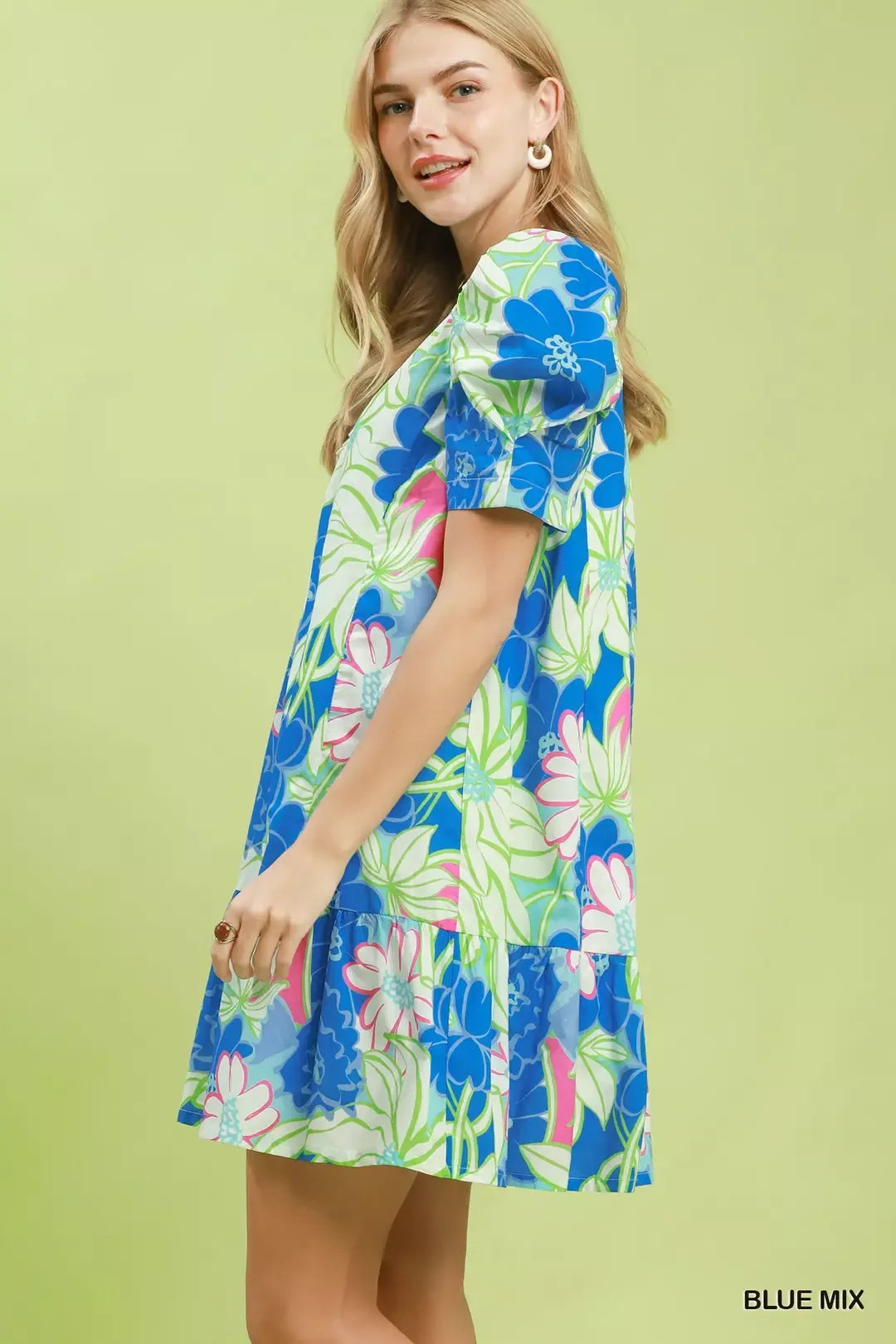 Umgee Floral Puff Sleeve Tiered Mini Dress