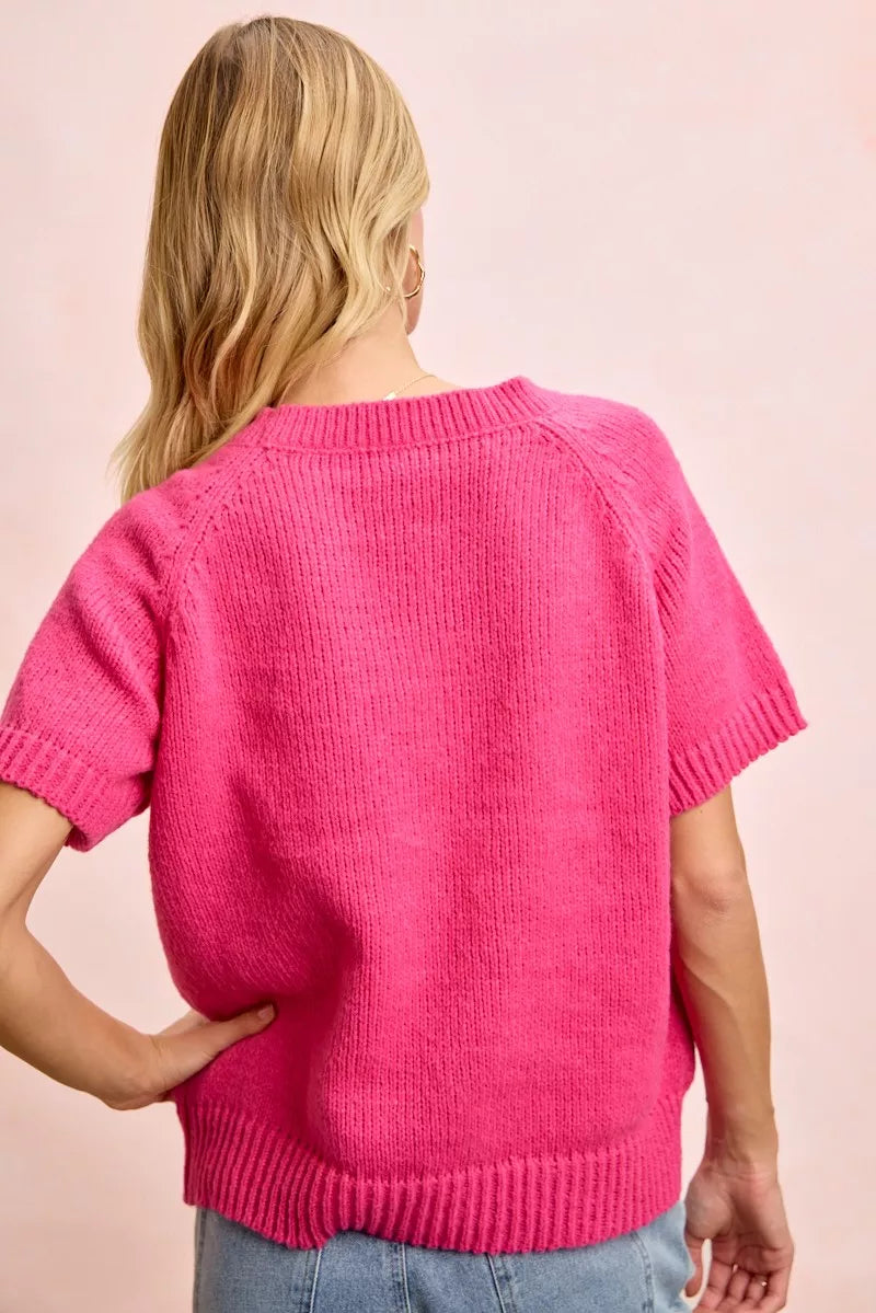 BiBi Flower Embroidered Short Sleeves Knit Top