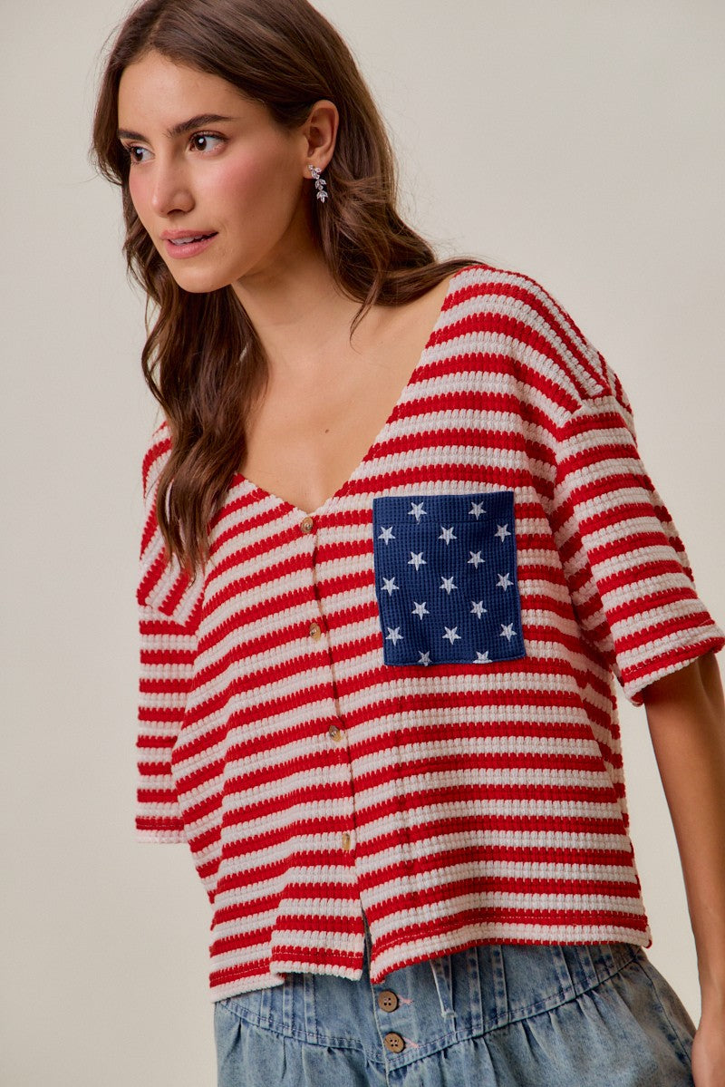 SO ME Stripe Waffle Knit Fourth Of July Cardigan Top