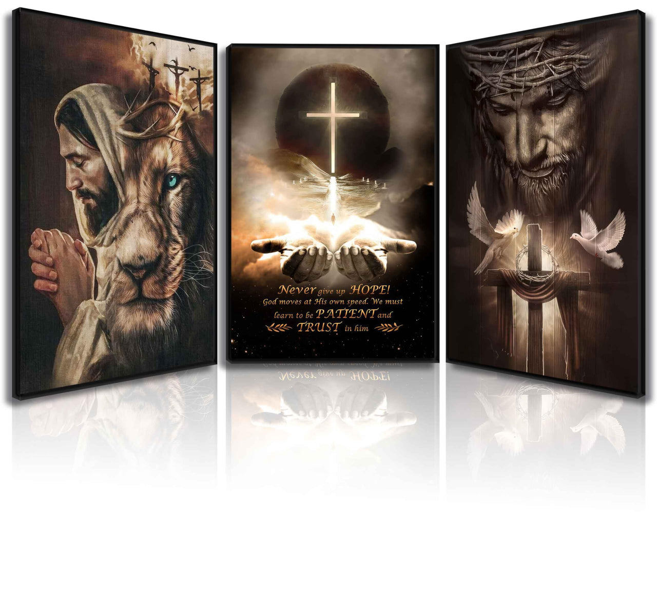 3Pcs Jesus Wall Art Jesus Lion Posters Pictures Christian Paintings Cross Bible Art Canvas Prints Cross And Peace Dove Decor Redemption And God Series for Room Religious Churches Wall Decor Unframed