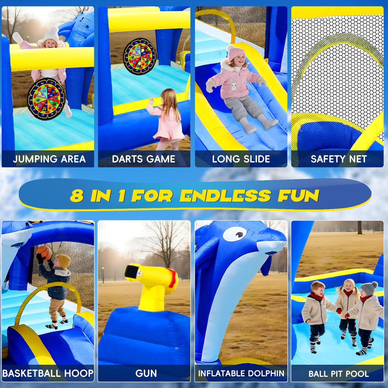 8 in1 Inflatable slide water park trampoline bouncing house outdoor garden with  Dolphin sprinkler & Target games & Water gun & Basketball