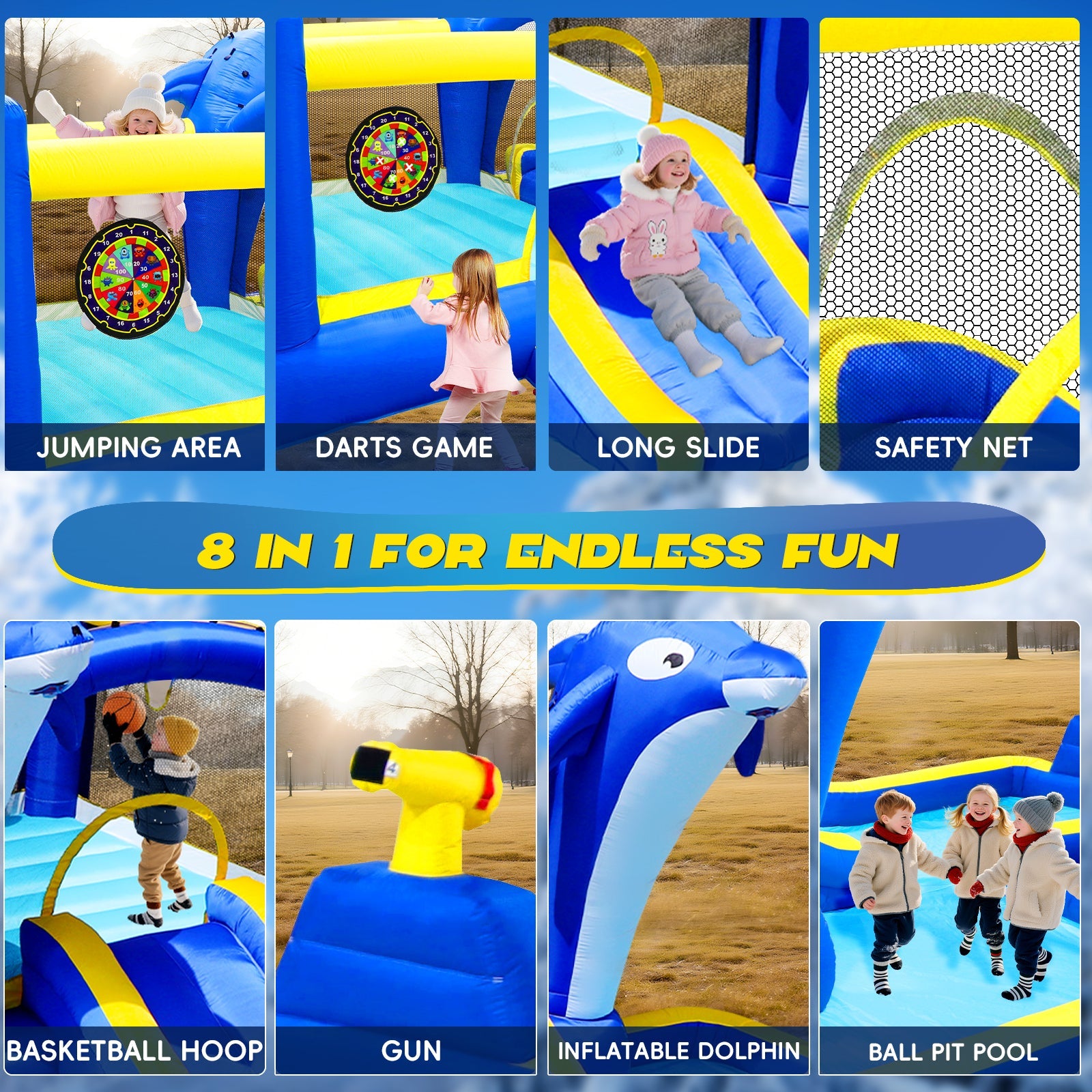 8 in1 Inflatable slide water park trampoline bouncing house outdoor garden with  Dolphin sprinkler & Target games & Water gun & Basketball
