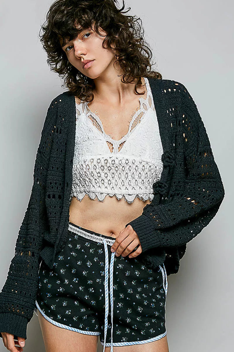 POL Open-Knit Floral Button Cardigan