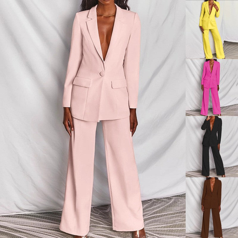 2pcs Casual Suit Lapel Button-down Blazer Jacket And Straight-leg Pants Office Commuting Business Trousers Set Clothing (See size chart where applicable)