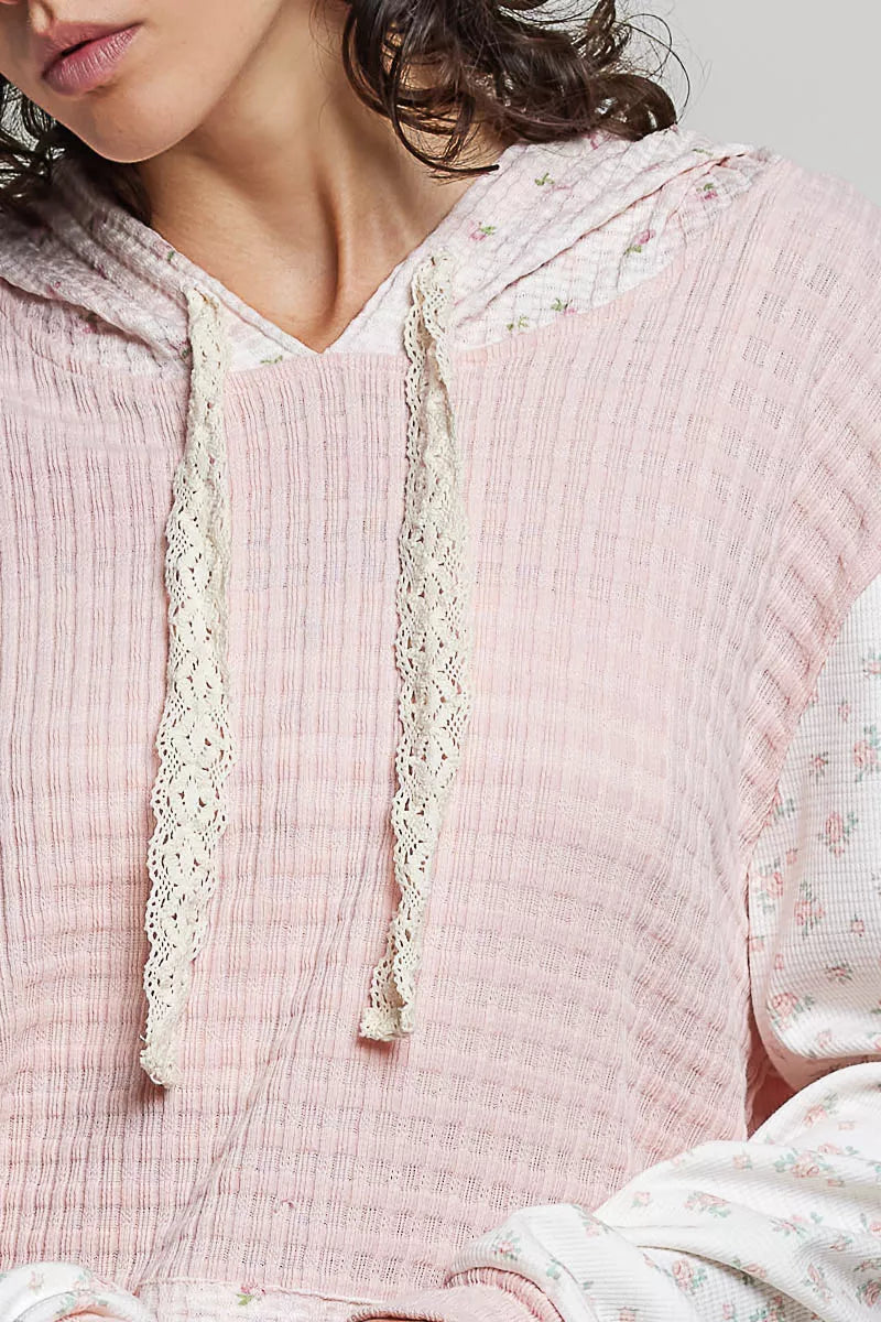 POL Mixed Knit Contrast Print Sleeve Hoodie with Kangaroo Pocket