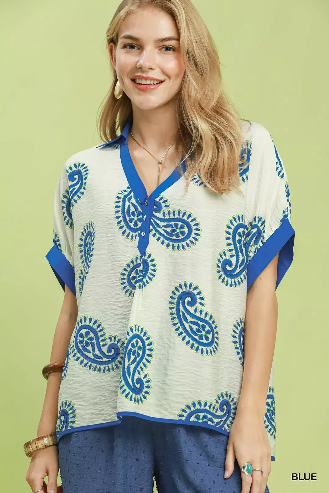 Umgee Paisley Print Contrast Trim Top