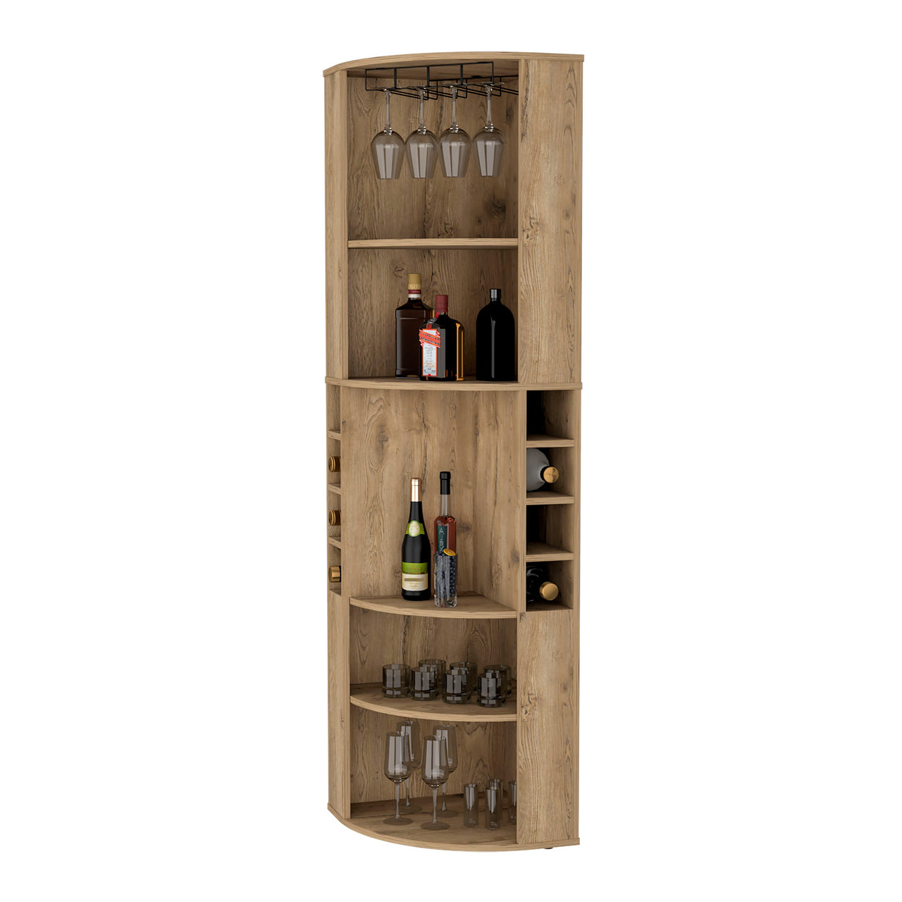 FM FURNITURE Clifton Corner Bar Cabinet, with 5 shelves,Cup Hanger and Eight Built-in Wine Rack,Macadamia