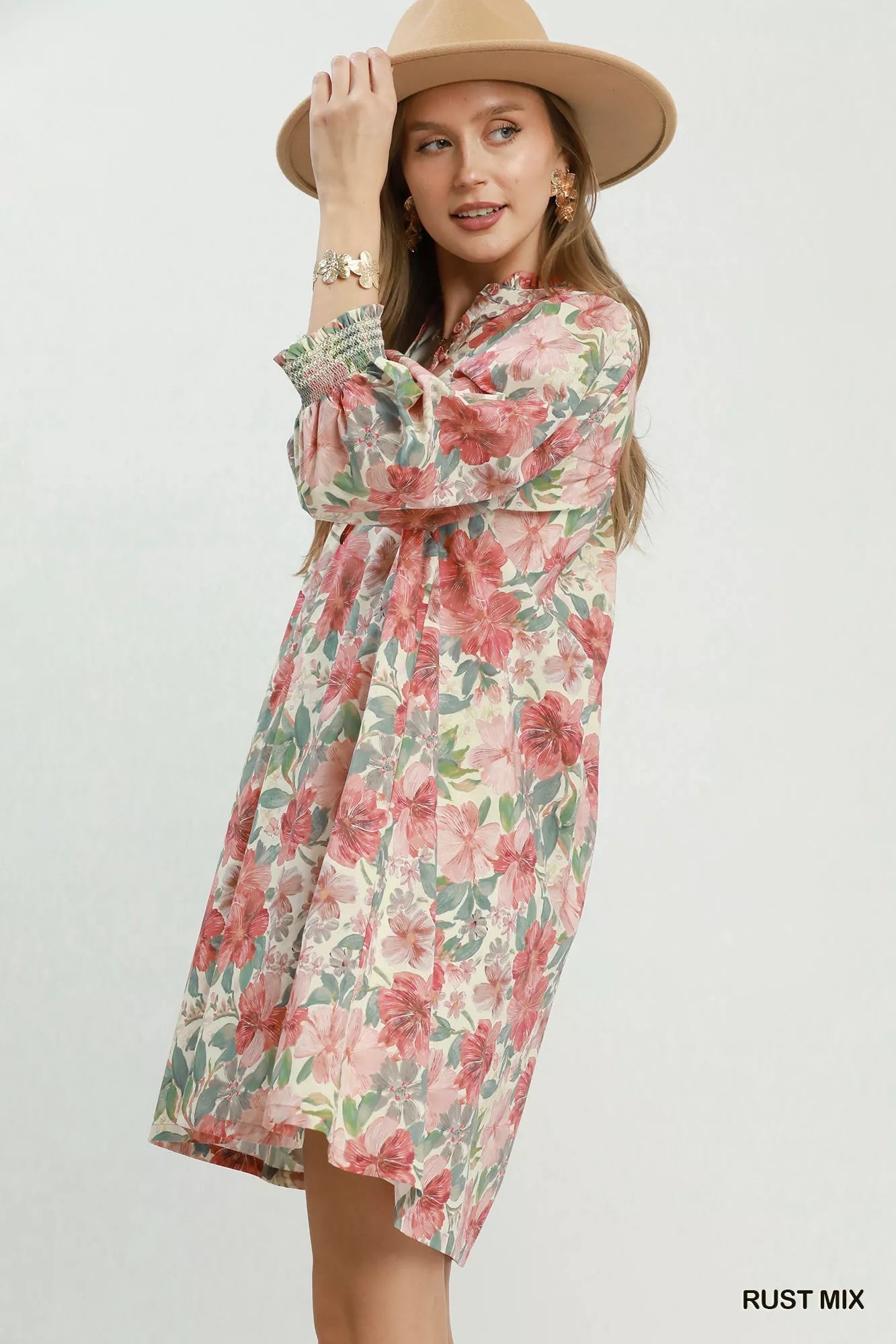 Umgee Mix Floral Print Smocked Cuff Mini Dress