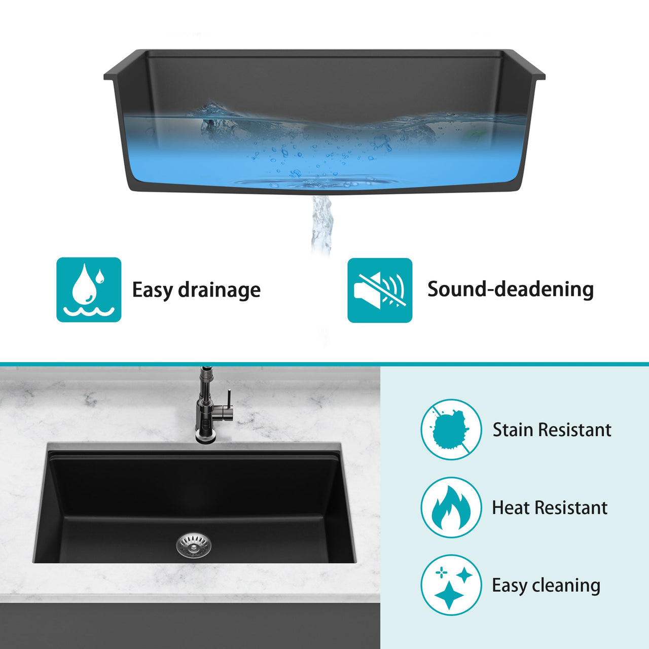 Quartz Kitchen Sink - 30' x 19' Black Granite Composite Workstation Undermount Kitchen Sink