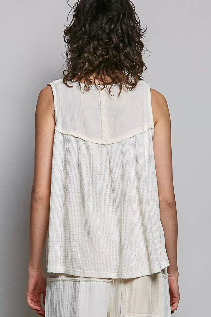 POL Lace Detail Floral Double Gauze Patch Sleeveless Top