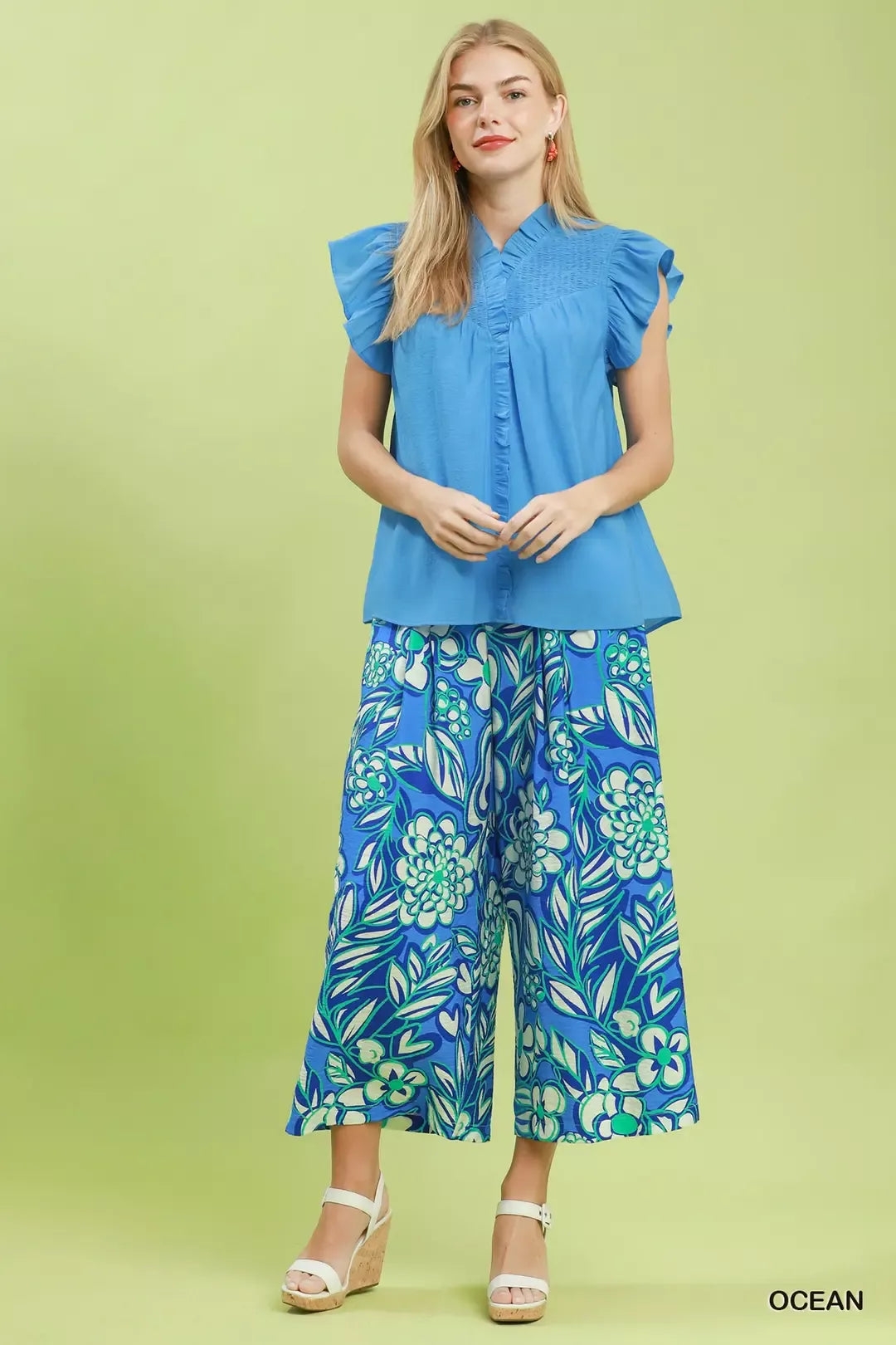 Umgee Smocked Yoke Ruffle Sleeve Blouse