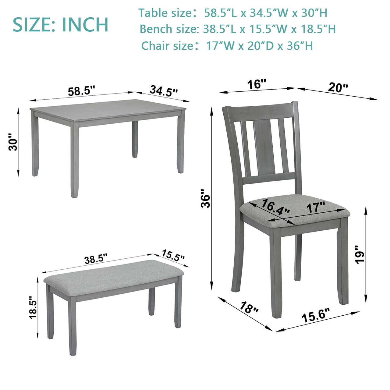 6PCs Kitchen Dining Set, Rectangular Wooden Dining Table with 4 Upholstered Chairs and a Bench, Dining Table Set for 6 People, Living Room, Home Bar and Kitchen, Gray