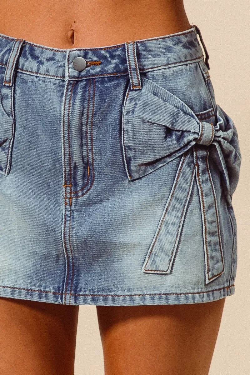 SO ME Bow Knot Pocket Denim Mini Skirt