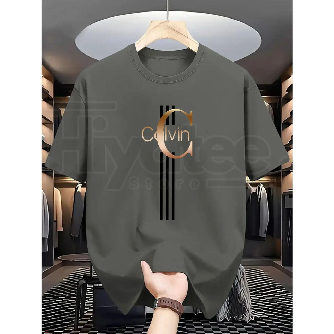 Men's Casual Calvin Print T-Shirt – Black & Gold Striped Street Style Essential