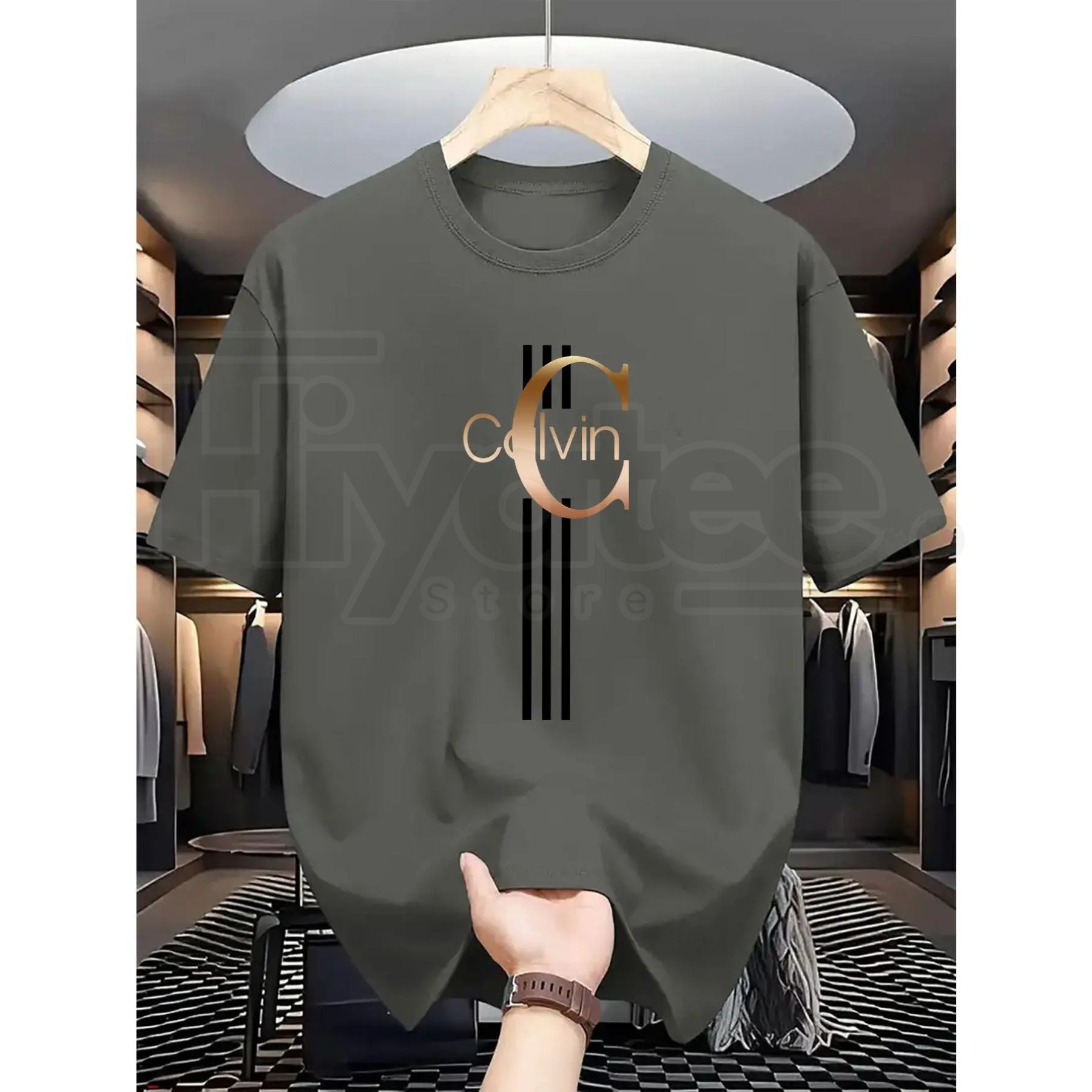 Men's Casual Calvin Print T-Shirt – Black & Gold Striped Street Style Essential