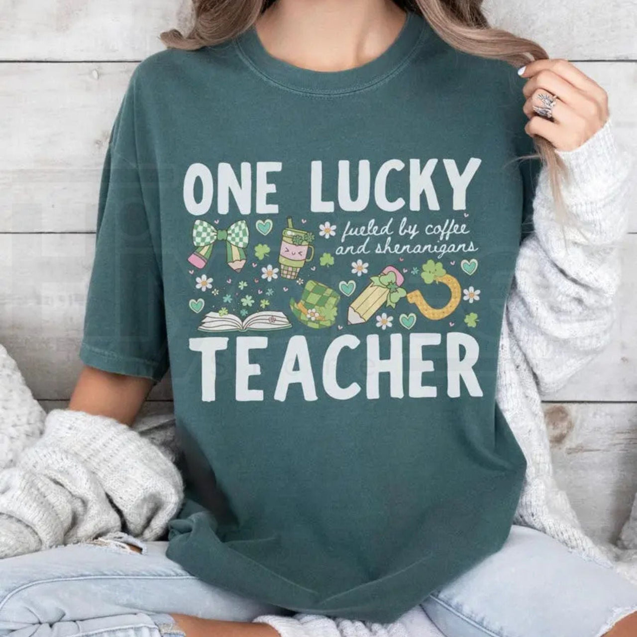 Comfort Colors® One Lucky Teacher St Patrick's T-Shirt – 'Fueled By Coffee and Shenanigans' Clover Tee