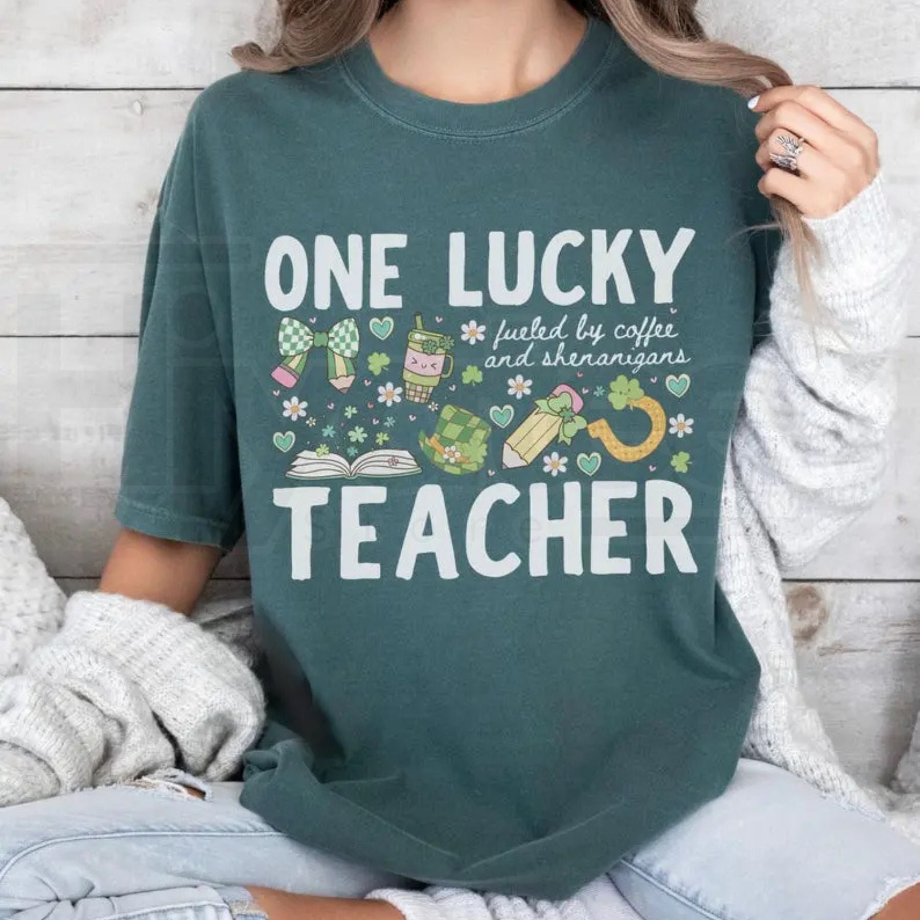 Comfort Colors® One Lucky Teacher St Patrick's T-Shirt – 'Fueled By Coffee and Shenanigans' Clover Tee