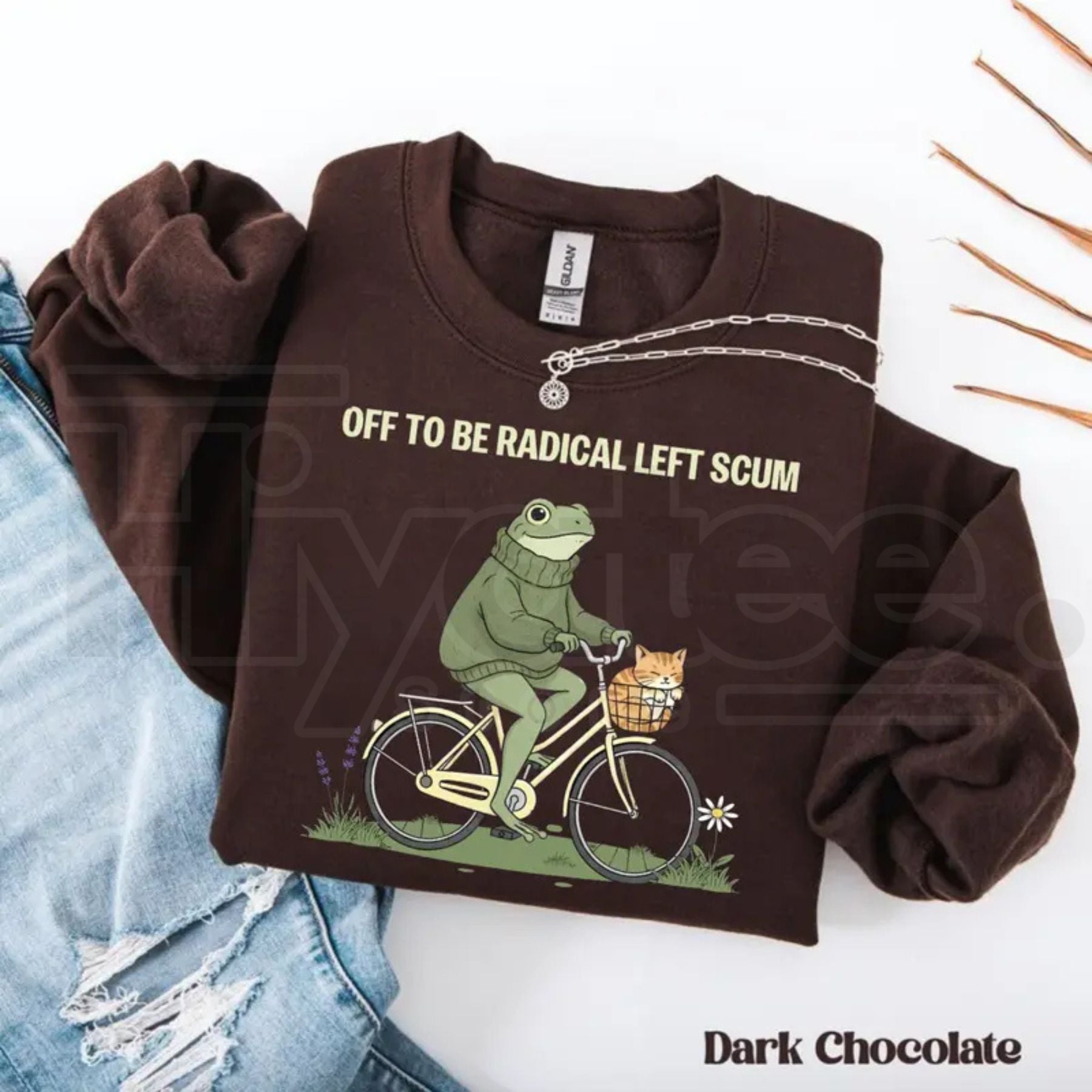 Off To Be Radical Left Scum Sweatshirt: Retro Frog & Cat Bicycle Resistance Crewneck