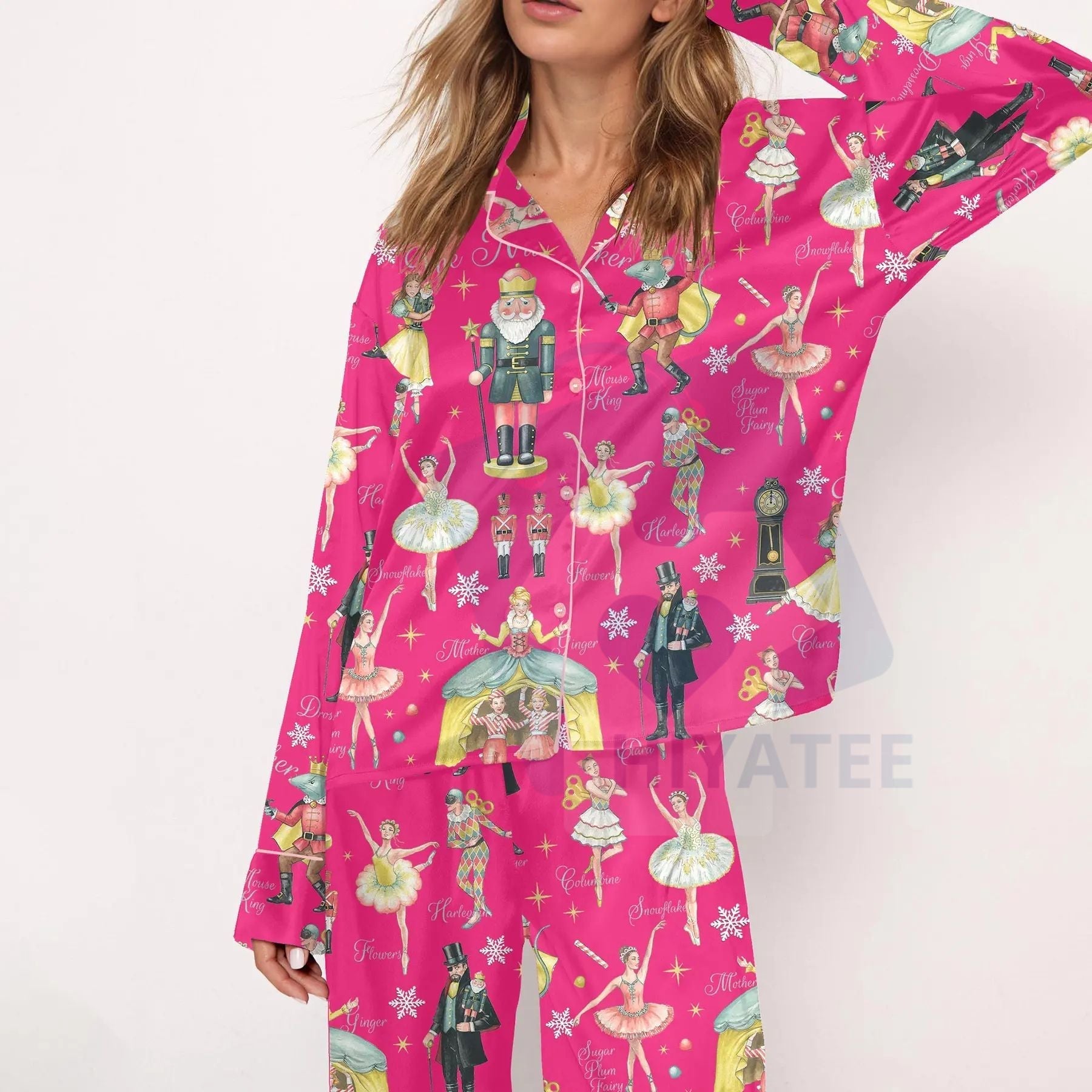 Nutcracker Ballet Christmas Satin Pajama Set For Women Print Comfy Satin Sleepwear & Loungewear Pjs Printing Silky Top & Bottoms