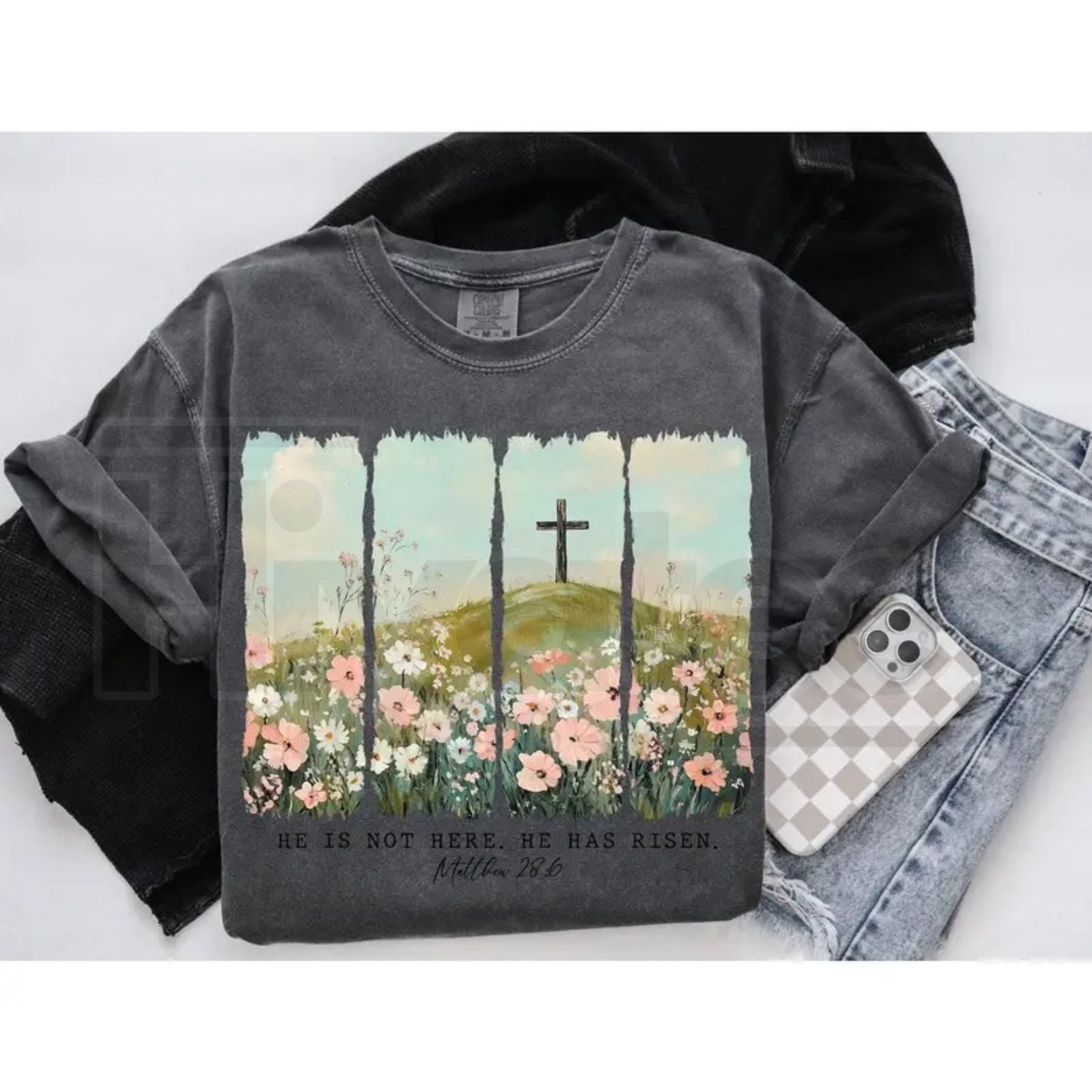 He Is Risen Wildflower Crewneck: Aesthetic Boho Christian Easter Sweatshirt