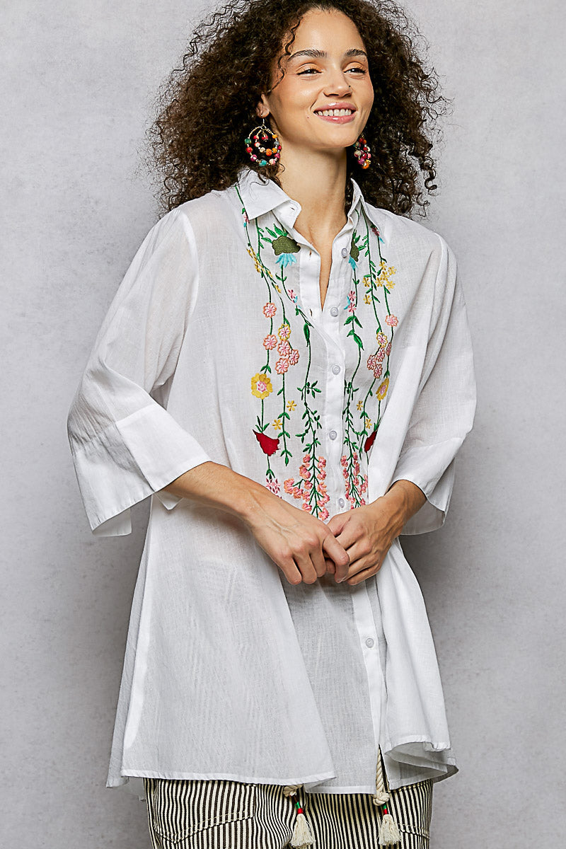 POL Floral Embroidered Half Sleeve Cotton Shirt
