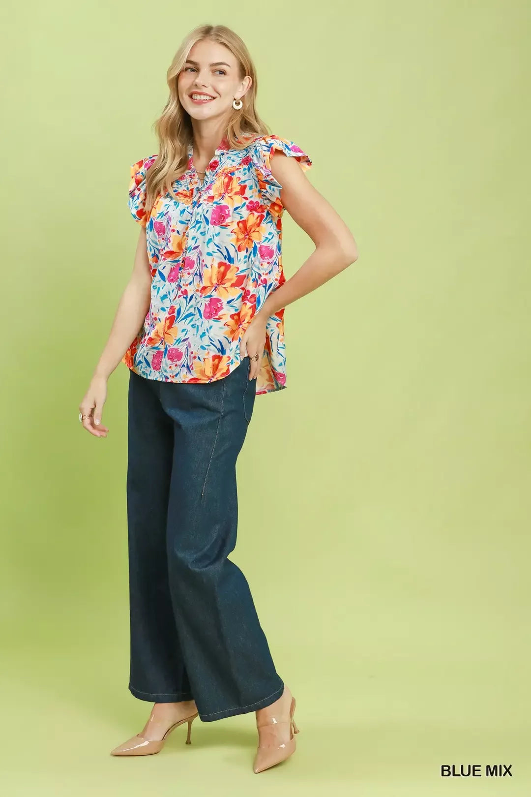 Umgee Smocked Yoke Ruffle Sleeve Floral Blouse
