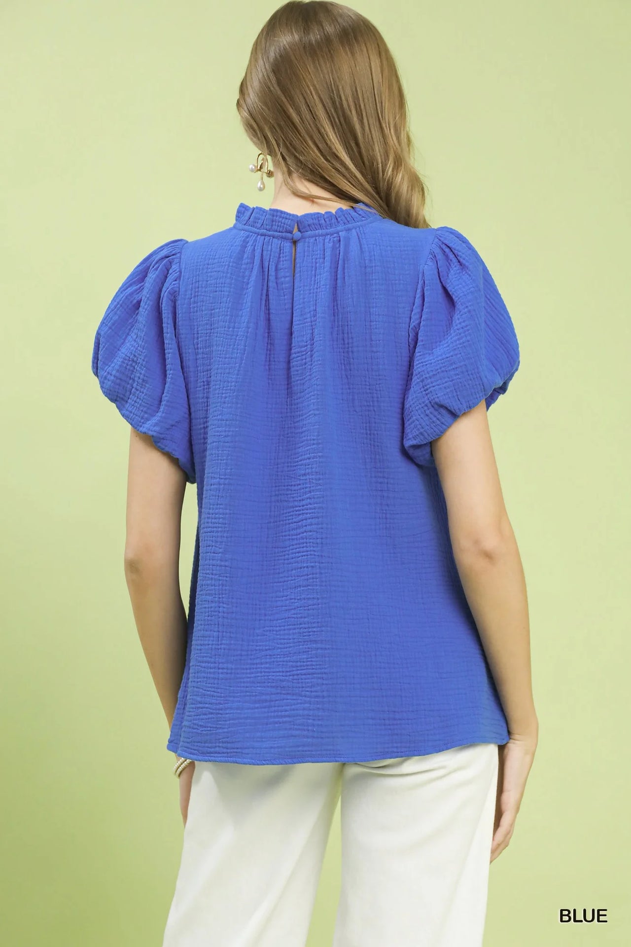 Umgee Textured Gauze Ruffle Neck Boho Top