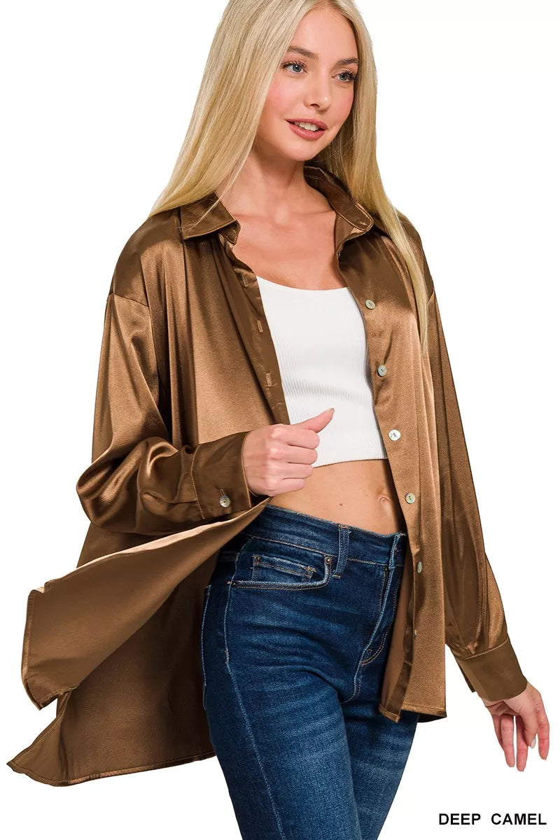 Zenana Satin Button Down Long Sleeve Shirt