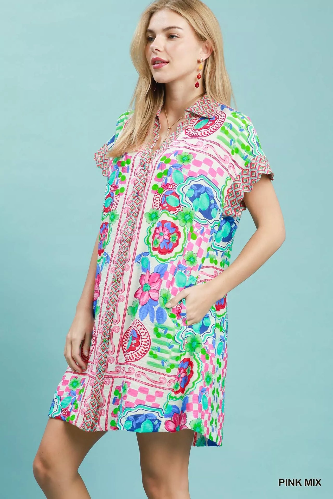 Umgee Mediterranean Print Dress with Contrast Printed Trim