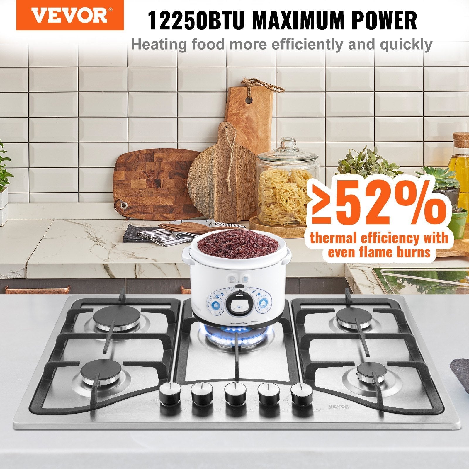 Gas Cooktop 30 inch, Max 12250BTU 5 Burners Built-in Stainless Steel Gas Stove Top, LPG/NG Convertible Dual Fuel Natural Gas Hob with Thermocouple Protection