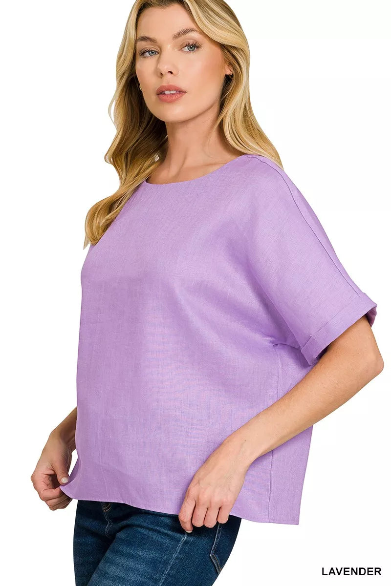 Zenana Linen Round Neck Cuffed Sleeve Top