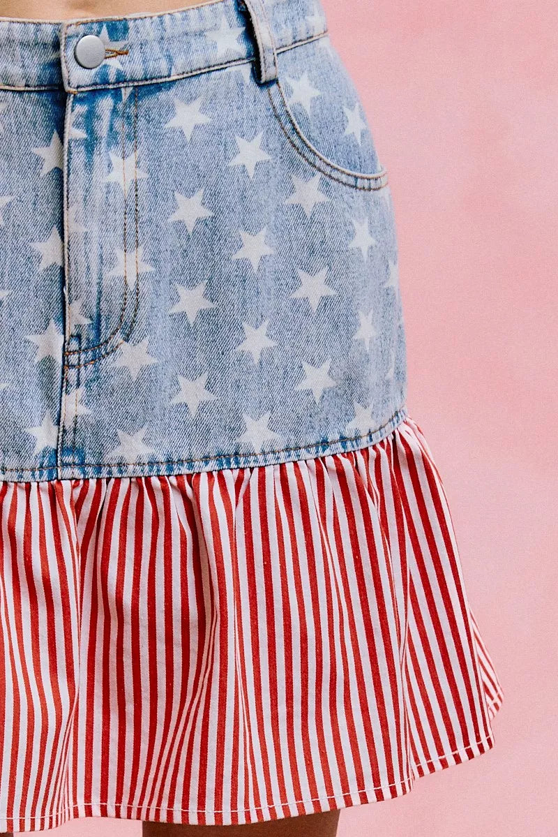 SO ME Stars And Stripes Fit And Flare Denim Mini Skirt