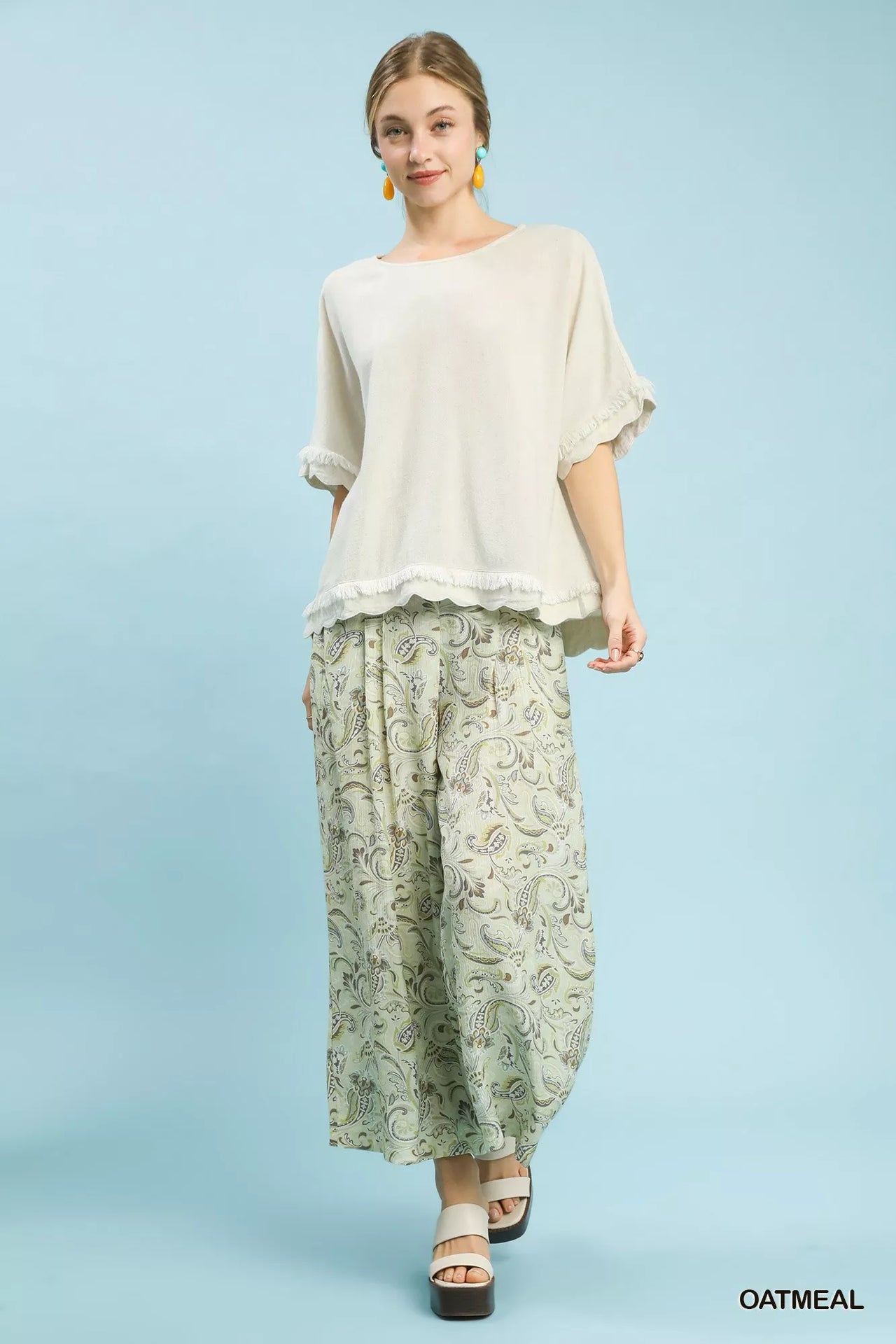 Umgee Linen Frayed Hem Scallop Edge Top