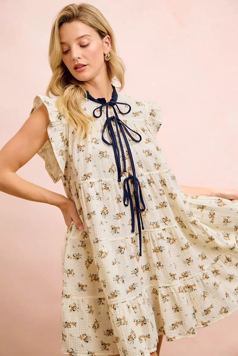 BiBi Floral Multi-tierd Dress With Ruffles And Front Tie