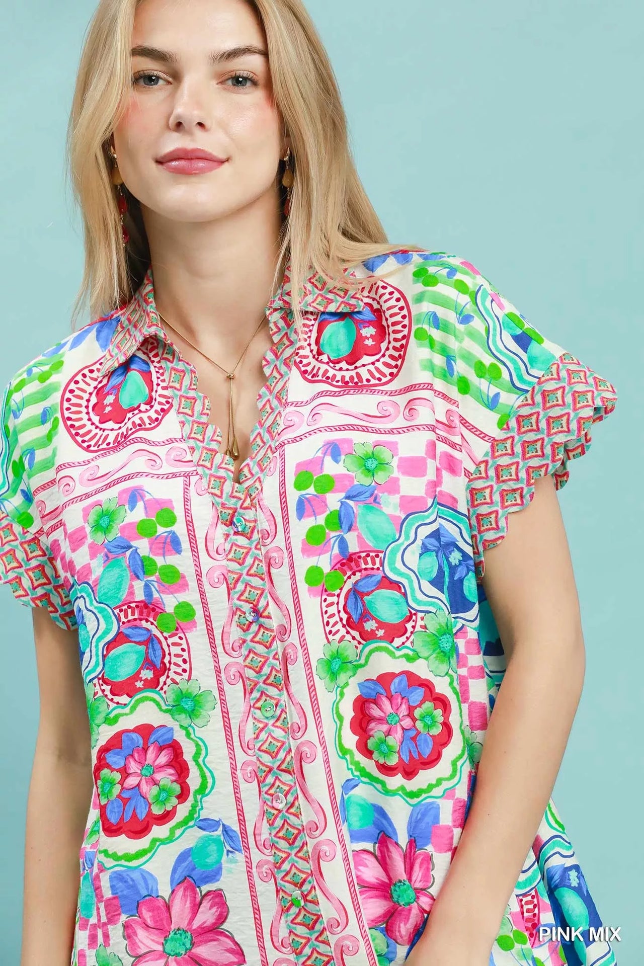 Umgee Mediterranean Print Dress with Contrast Printed Trim