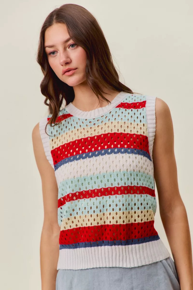 SO ME Tie Back Multi Stripe Sweater Knit Tank Top