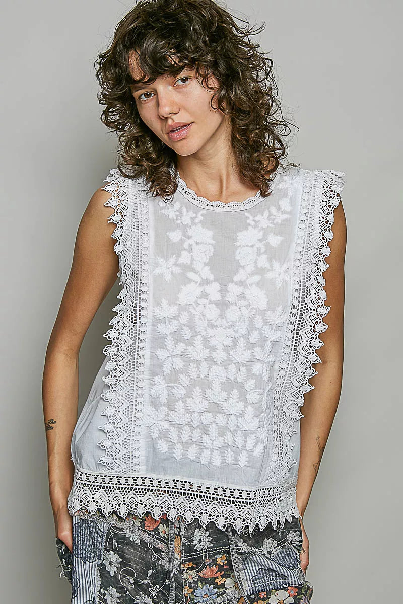 POL Allover Botanical Embroidered Scalloped Lace Sleeveless Top