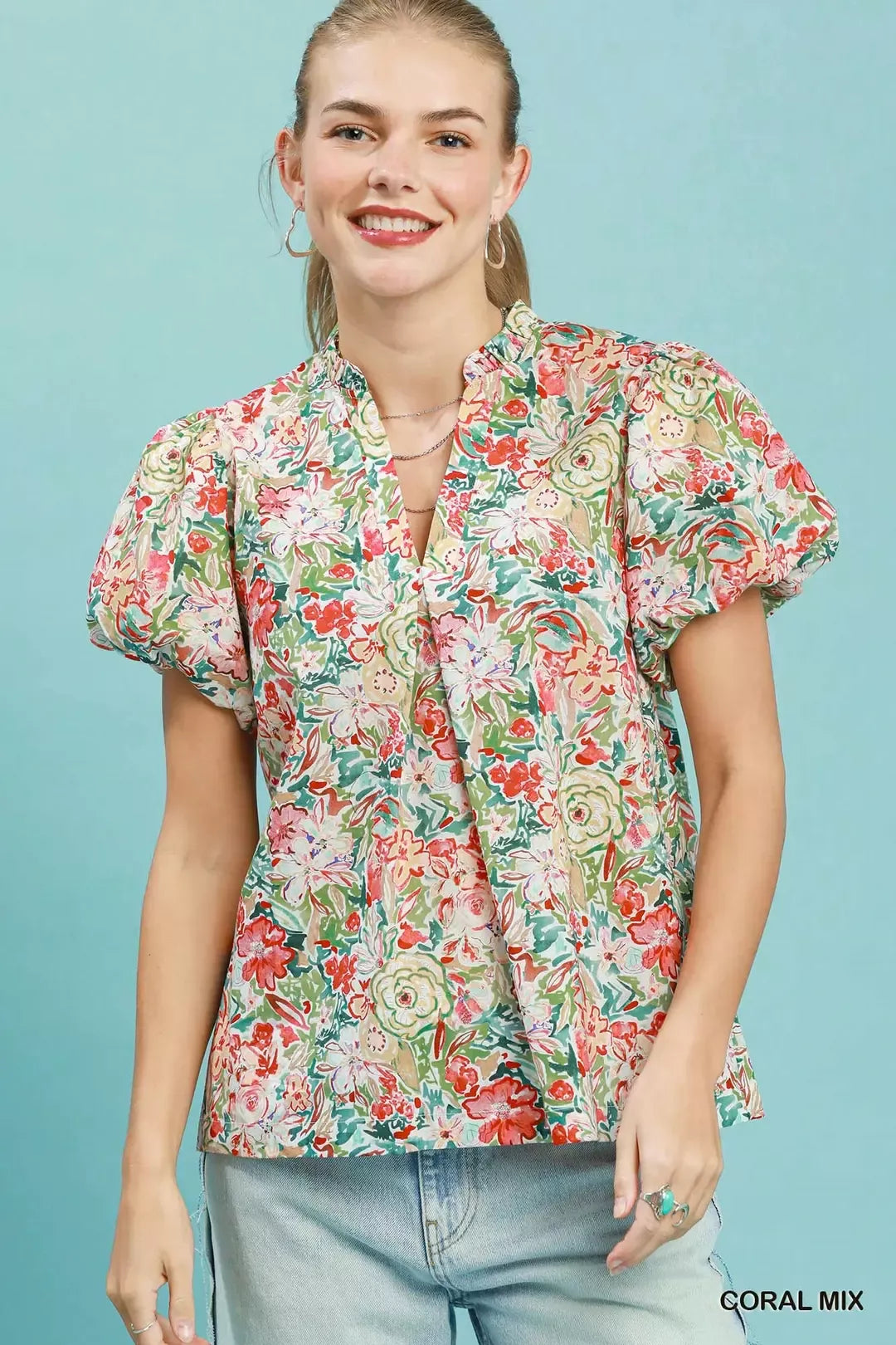 Umgee Floral Puff Sleeve Blouse