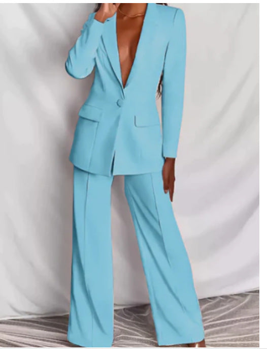 2pcs Casual Suit Lapel Button-down Blazer Jacket And Straight-leg Pants Office Commuting Business Trousers Set Clothing (See size chart where applicable)