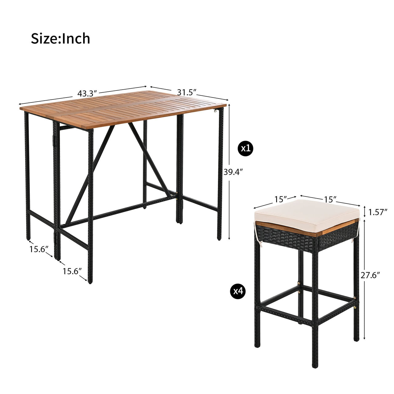 GO 5-Piece Outdoor Acacia Wood Bar Height Table And Four Stools With Cushions, Garden PE Rattan Wicker Dining Table, Foldable Tabletop, High-Dining Bistro Set, All-Weather Patio Furniture, Brown