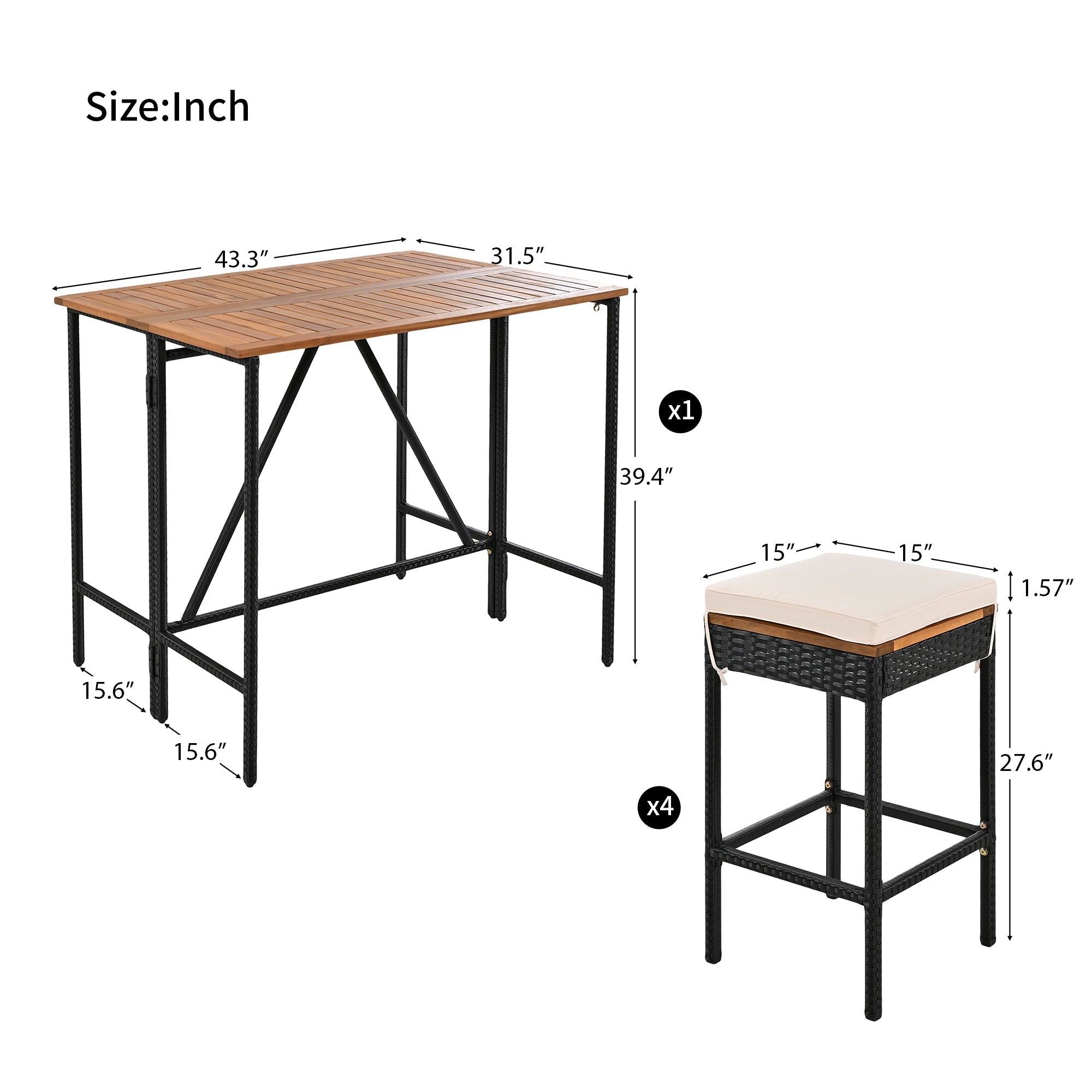 GO 5-Piece Outdoor Acacia Wood Bar Height Table And Four Stools With Cushions, Garden PE Rattan Wicker Dining Table, Foldable Tabletop, High-Dining Bistro Set, All-Weather Patio Furniture, Brown