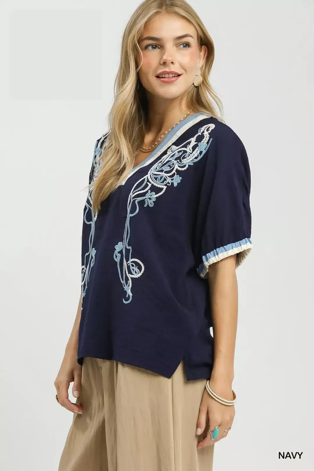 Umgee Embroidered Floral V-Neck Short Sleeve Blouse with Contrast Trim