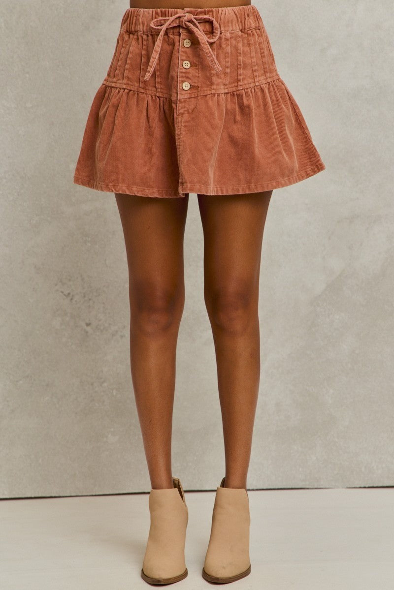 SO ME Mineral Wash Pintucked Corduroy Mini Flared Skirt