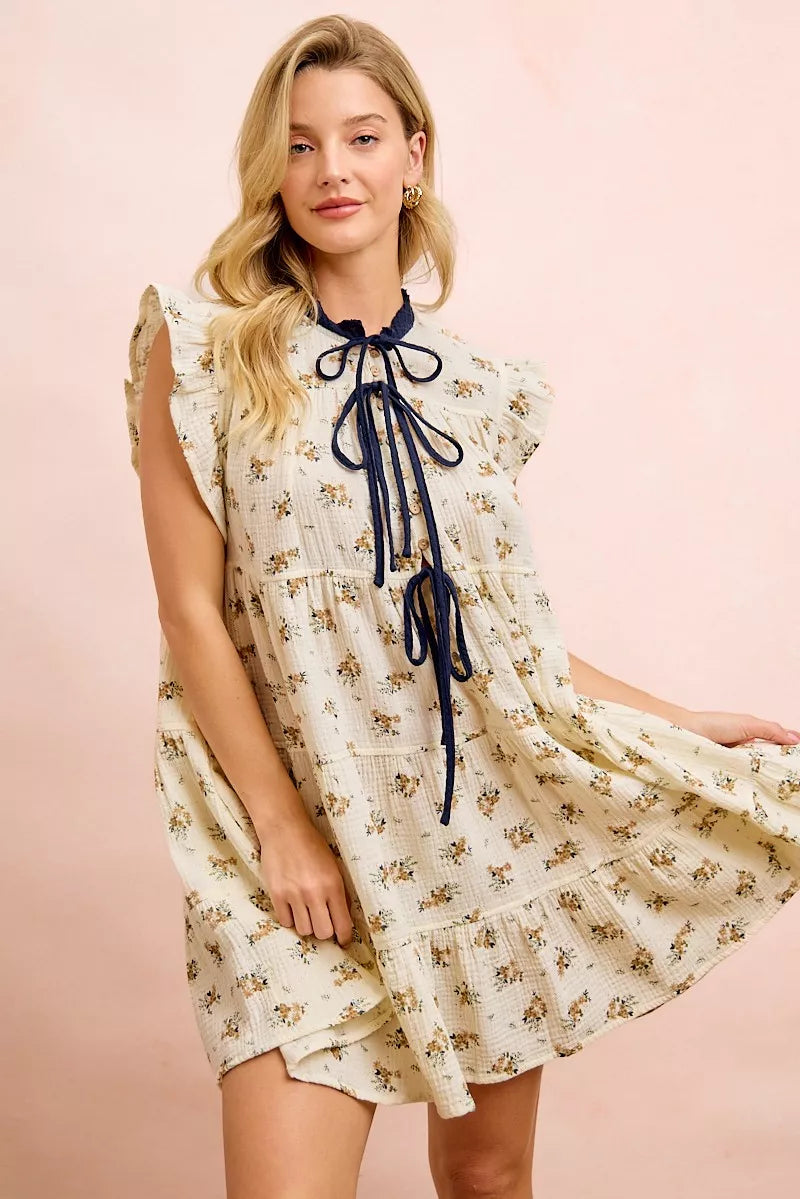 BiBi Floral Multi-tierd Dress With Ruffles And Front Tie