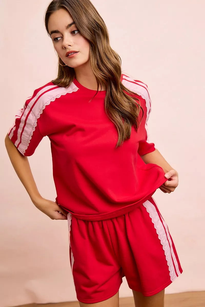 BiBi French Terry Side Lace Detail Short Sleeves Top