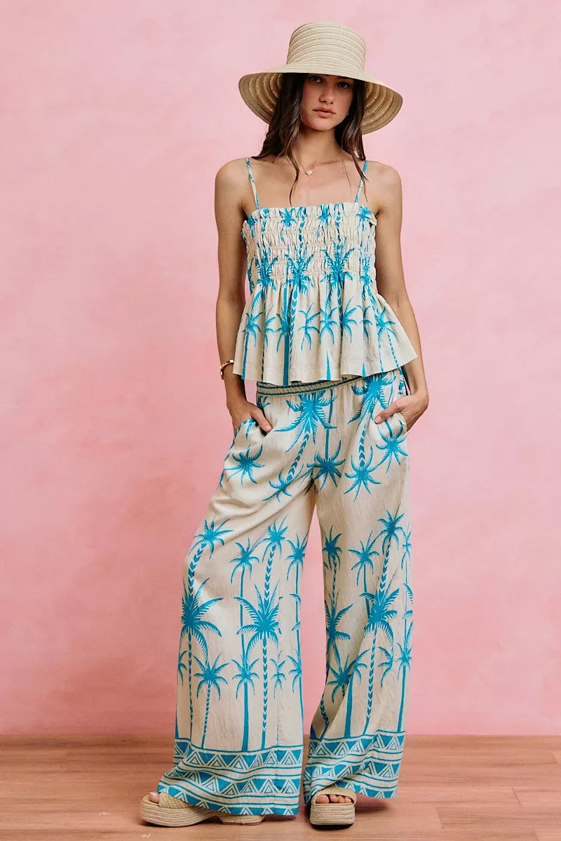 SO ME Palm Tree Smocked Bodice Adjustable Cami Top